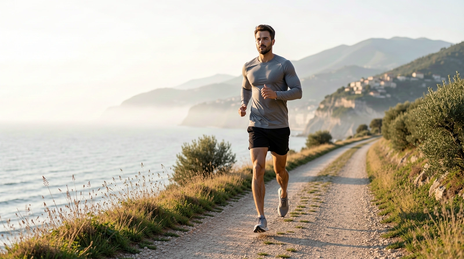 Man jogging on a coastal path at dawn