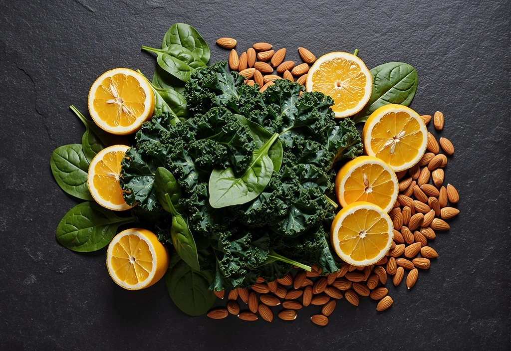 Nutrient-dense whole foods on a dark surface